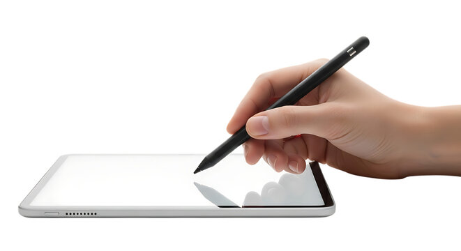 Person s hand using a stylus pen on a digital drawing tablet