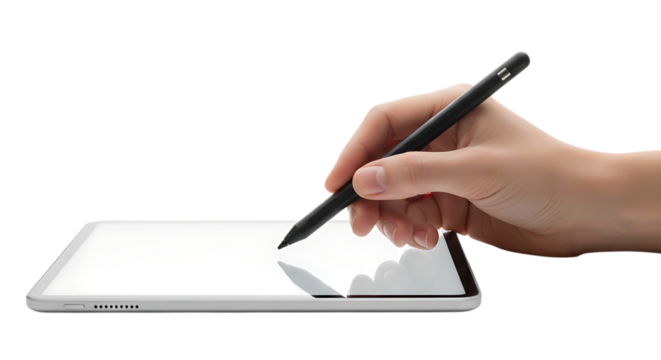 Person s hand using a stylus pen on a digital drawing tablet