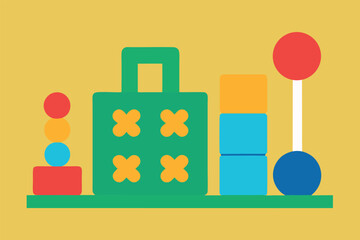 Colorful Stacking Toys and Blocks Illustration Depicting Early Childhood Development and Playful Learning on a Yellow Background for