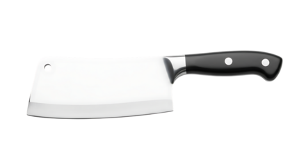 Professional stainless steel meat cleaver with black handle on black background