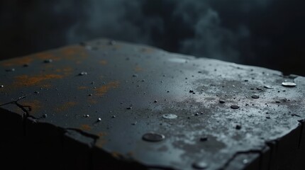 Cracked stone surface with rust and water droplets