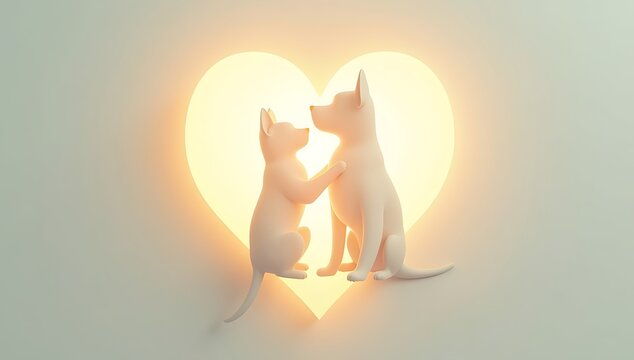 A glowing heart made of intertwined cat and dog silhouettes, symbolizing unconditional love between pets and humans.