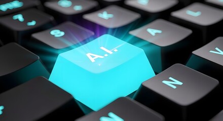 Close-up of a glowing A.I. button on a keyboard, highlighting the integration of artificial intelligence in technology.