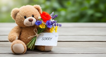 Apology teddy bear with vibrant wildflowers bouquet and heartfelt "Sorry" note on a wooden table against a lush green background.