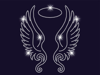 Shimmering crystal-style rhinestone artwork of angel wings and a halo. Ideal for fashion embellishments, textile transfers, and festive apparel prints. © designmagician