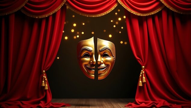 A golden theatrical mask split into comedy and tragedy, surrounded by floating red velvet curtains and glowing spotlights.