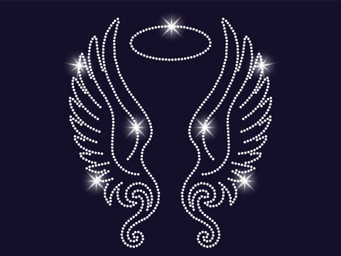 Shimmering crystal-style rhinestone artwork of angel wings and a halo. Ideal for fashion embellishments, textile transfers, and festive apparel prints.