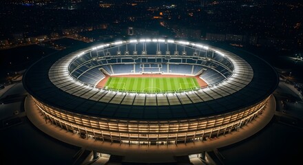 Aerial view of a glowing stadium at night with a vibrant green field surrounded by blue seats and bright floodlights against a dark sky.