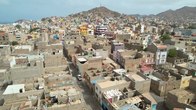 CAPE VERDE - 8.4.2025 - Excellent aerial footage moving up a residential area of Mindelo, Cape Verde.