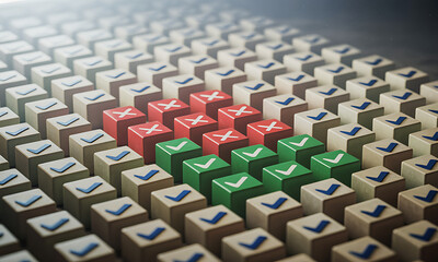 Close-up of multiple beige cubes with blue checkmarks and green and red cubes with check and cross marks