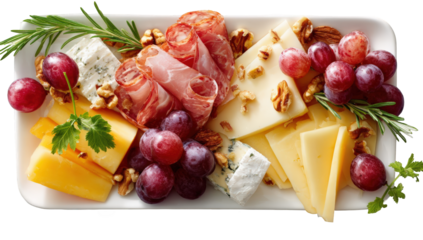 Colorful platter of cheeses, cured meats, nuts, and grapes