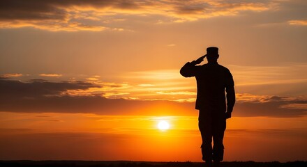 Silhouette of a uniformed service member saluting against a vibrant sunset, embodying respect, remembrance, and gratitude for service.