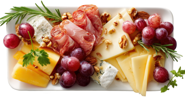 Colorful platter of cheeses, cured meats, nuts, and grapes