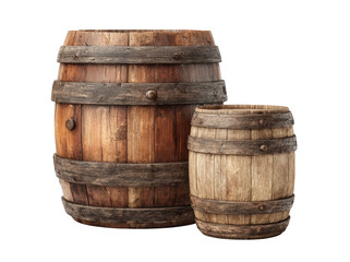 Two wooden barrels, varying sizes, rich brown tones, aged appearance