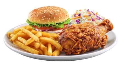 Fried chicken meal with burger and fries