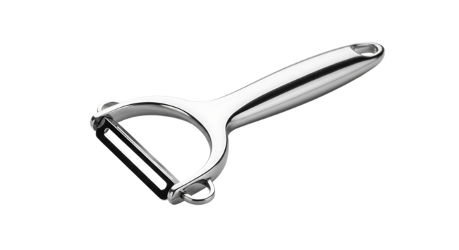 Modern stainless steel swivel peeler for kitchen use on black background
