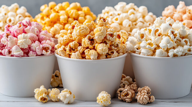 Colorful popcorn varieties in white cups, showcasing vibrant flavors and textures