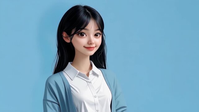 Professional anime girl portrait with gentle smile wearing blue cardigan over white collared shirt against soft blue background. Clean minimalist design perfect for seamless loop animation.