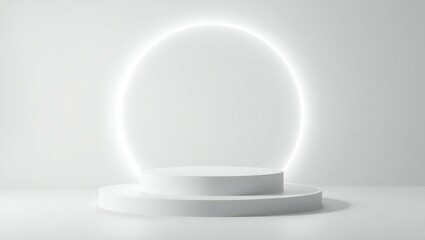 Modern white podium with glowing neon oval frame for product display