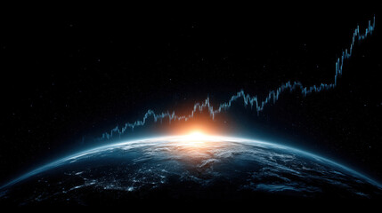 Stunning view of Earth from space, showcasing vibrant sunrise on horizon with digital graph overlay, symbolizing growth and progress. scene evokes sense of wonder and exploration