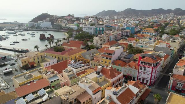 CAPE VERDE - 8.4.2025 - Great aerial view of Portuguese buildings on the port of Mindelo, Cape Verde.