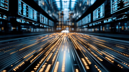 Futuristic digital data flow with glowing lights and abstract technology elements