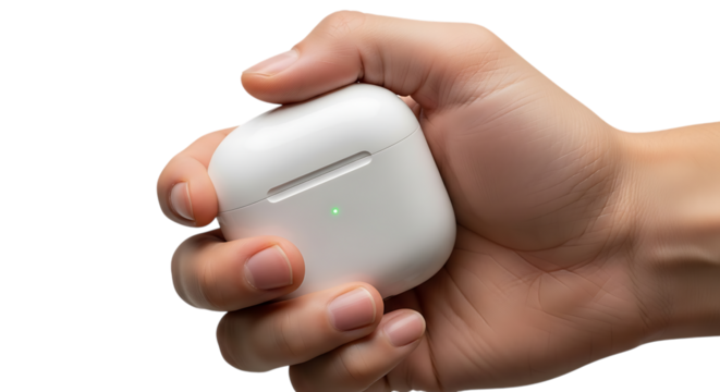 Hand holding white wireless earbud charging case against black background