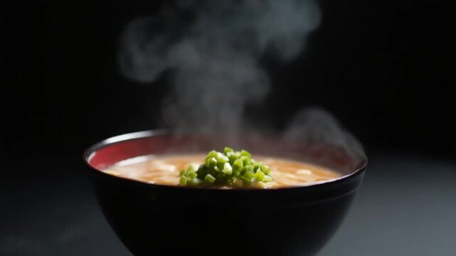 miso soup Smoke vape fog rising flowing out of miso soup black red white bowl on dark black background