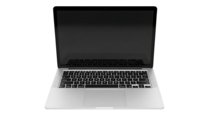 Modern silver laptop computer open with dark screen on black background