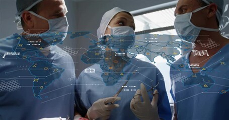 Three surgeons nodding, activating holographic map while studying network nodes for operation plan - Powered by Adobe