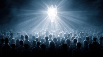 Obraz premium Crowd of people stands awe, gazing glowing light bulb radiating beams of light. atmosphere is filled with sense of inspiration and enlightenment, creating powerful visual metaphor for ideas