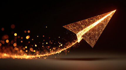 Glowing paper airplane made of light trails and particles, symbolizing creativity and innovation, soars through dark background, leaving sparkling path