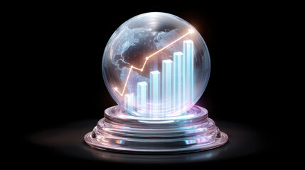 Crystal ball with glowing world map and rising bar graph symbolizes future predictions and financial growth. This evokes sense of optimism and potential in business and investment