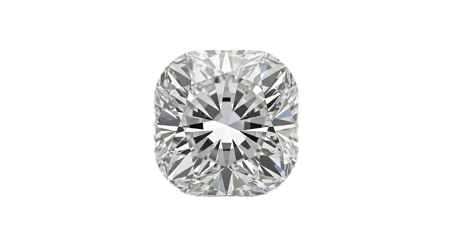 Brilliant cushion cut diamond with facets on black background