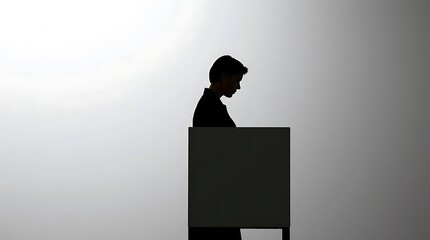 Silhouette of a confident woman at a podium giving a speech in a modern, minimalistic setting