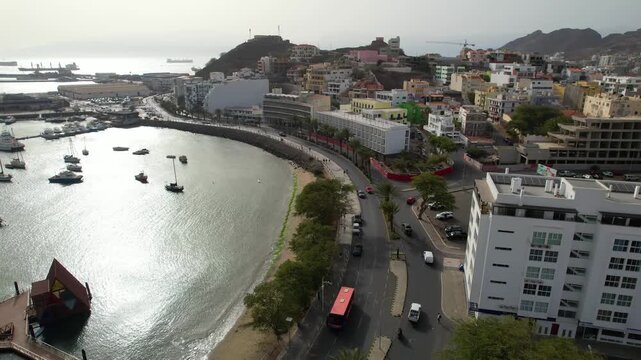 CAPE VERDE - 8.4.2025 - Incredible aerial footage moving up a port in Mindelo, Cape Verde, where many boats are docked.