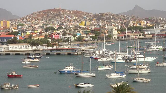 CAPE VERDE - 8.20.2025 - Amazing aerial view of myriad boats docked in a port of Mindelo on Sao Vicente, Cape Verde.