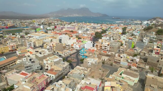 CAPE VERDE - 8.4.2025 - Excellent aerial footage of a busy traffic circle near the port of Mindelo, Cape Verde.