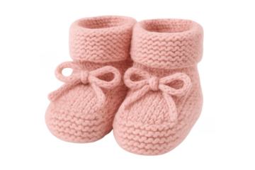Pair of pink knitted baby booties with ribbons on transparent background