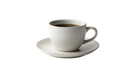 A white ceramic coffee mug filled with dark coffee on a matching saucer against a black background