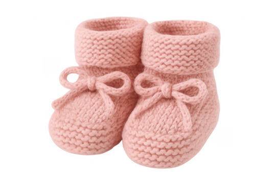 Pair of pink knitted baby booties with ribbons on transparent background