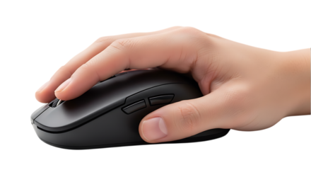 Close up of a person s hand holding and using a black computer mouse against a dark background