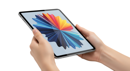 Hands holding a modern tablet displaying a colorful abstract graphic against a black background