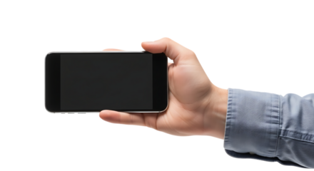 Hand holding a smartphone horizontally against a black background