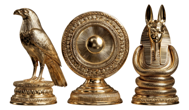 Golden Decorative Objects with Ancient Designs on Transparent Background