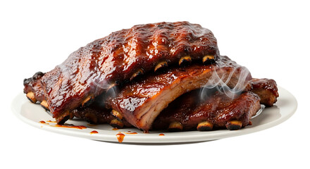Delicious barbecue pork ribs glazed with sweet sauce on a white plate