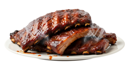 Delicious barbecue pork ribs glazed with sweet sauce on a white plate
