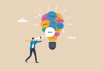 Communication, marketing message to communicate with consumer, advertising strategy, media or announcement information dialogue, businessman talking on megaphone with speech bubble lightbulb idea.