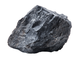 A dark gray rock is isolated on transparent background.