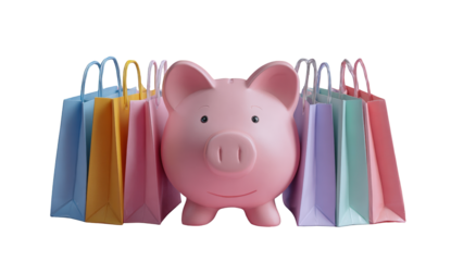 Piggy bank surrounded by colorful shopping bags